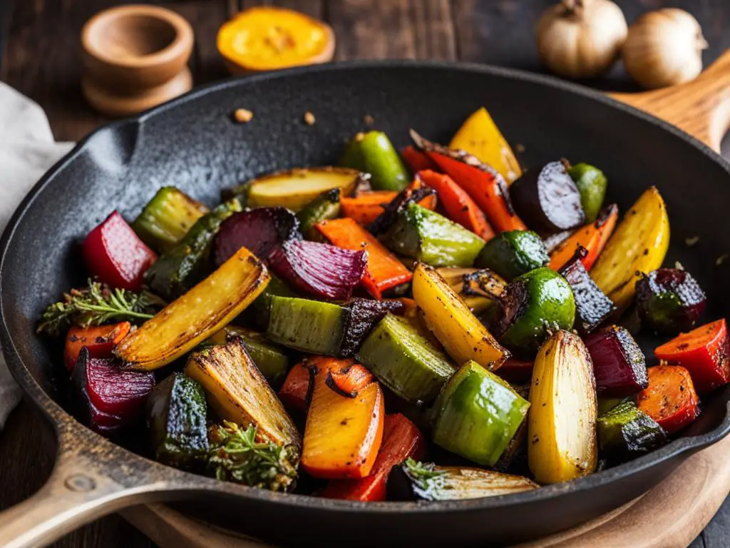 Roasted vegetables in pan on a table 