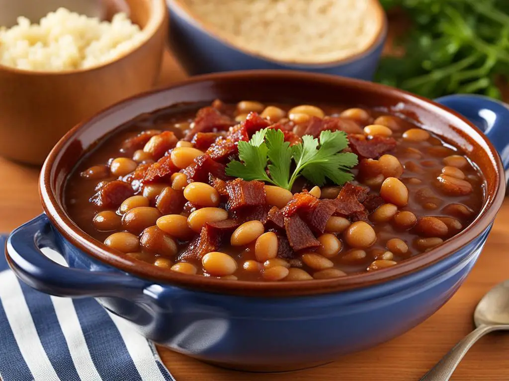 Savory Baked Beans dish with spoon on table 
