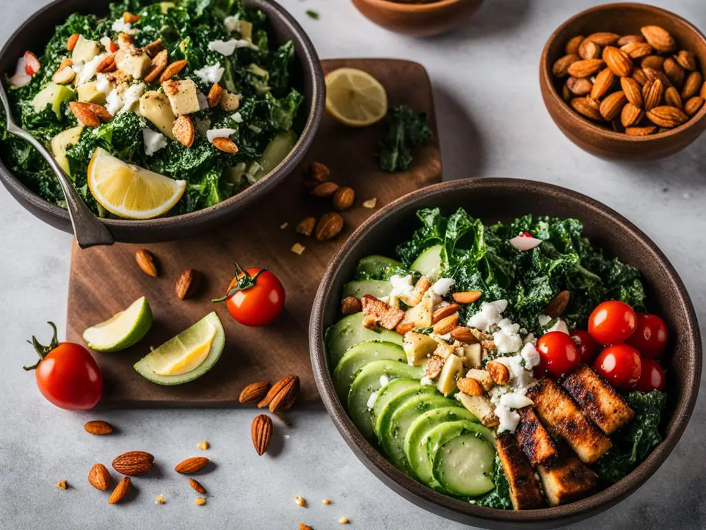Two bowl kale caesar salad on a table with almonds and tomaotes
