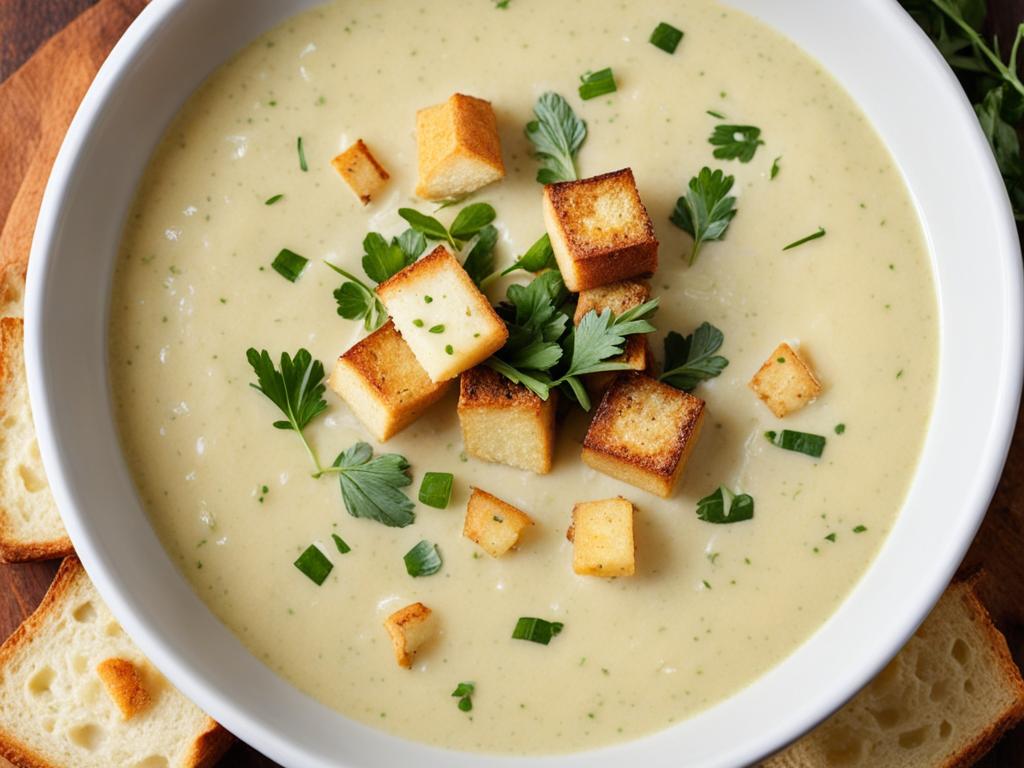 Potato soup topped with crunchy croutons and coriander, served with a side of bread on the table
