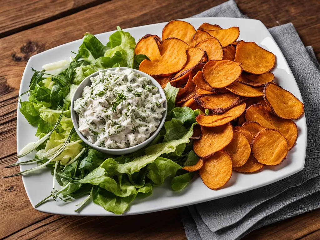 Sweet potato chips with sauce arranged on a plate placed on the table