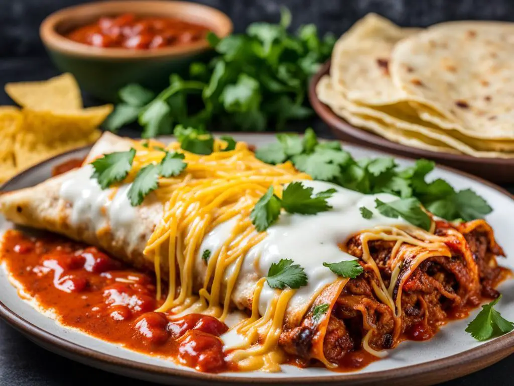 Tex-Mex enchiladas topped with cheese, coriander and sauce on a plate