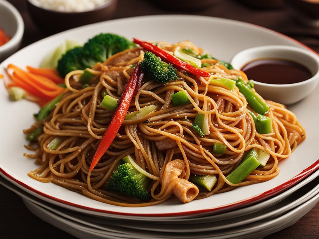 Lo Mein Noodles in plate with sauce on the table