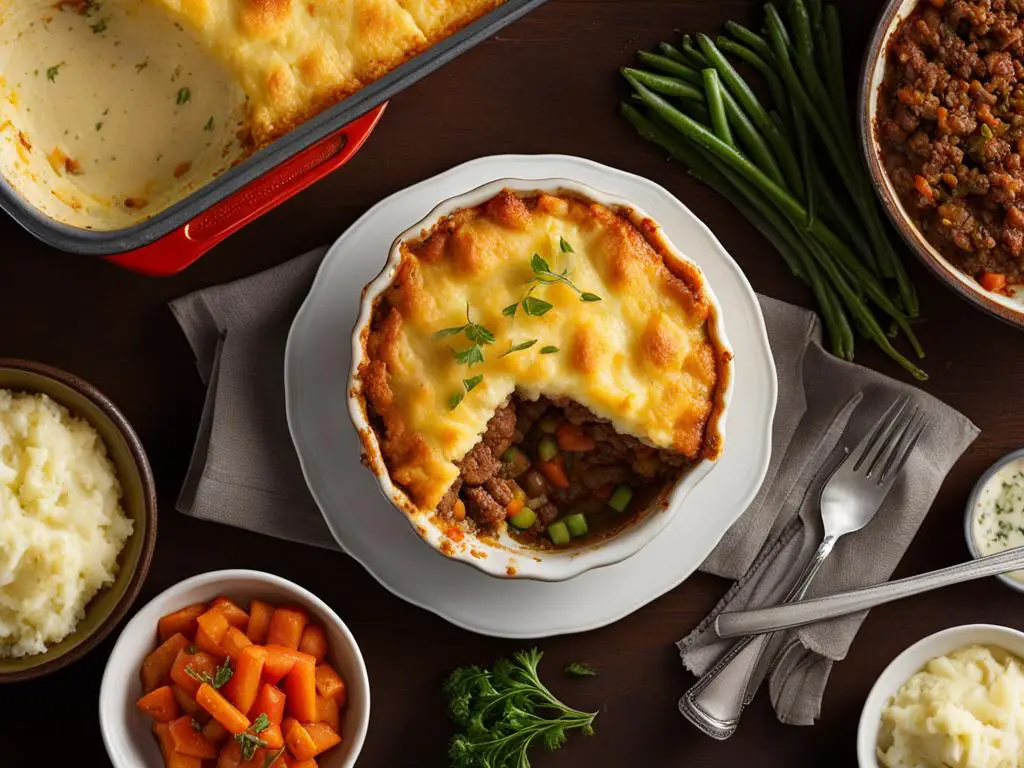 Shepherd's Pie with Vegetables, Mashed Potatoes, Sauce and cutlery on the table
