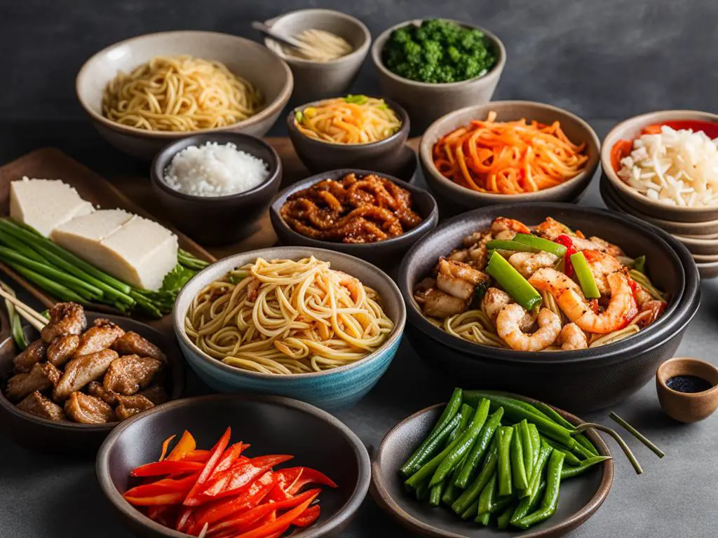 Noodles with Seafood, Chicken, Beef and vegetable dishes on table 