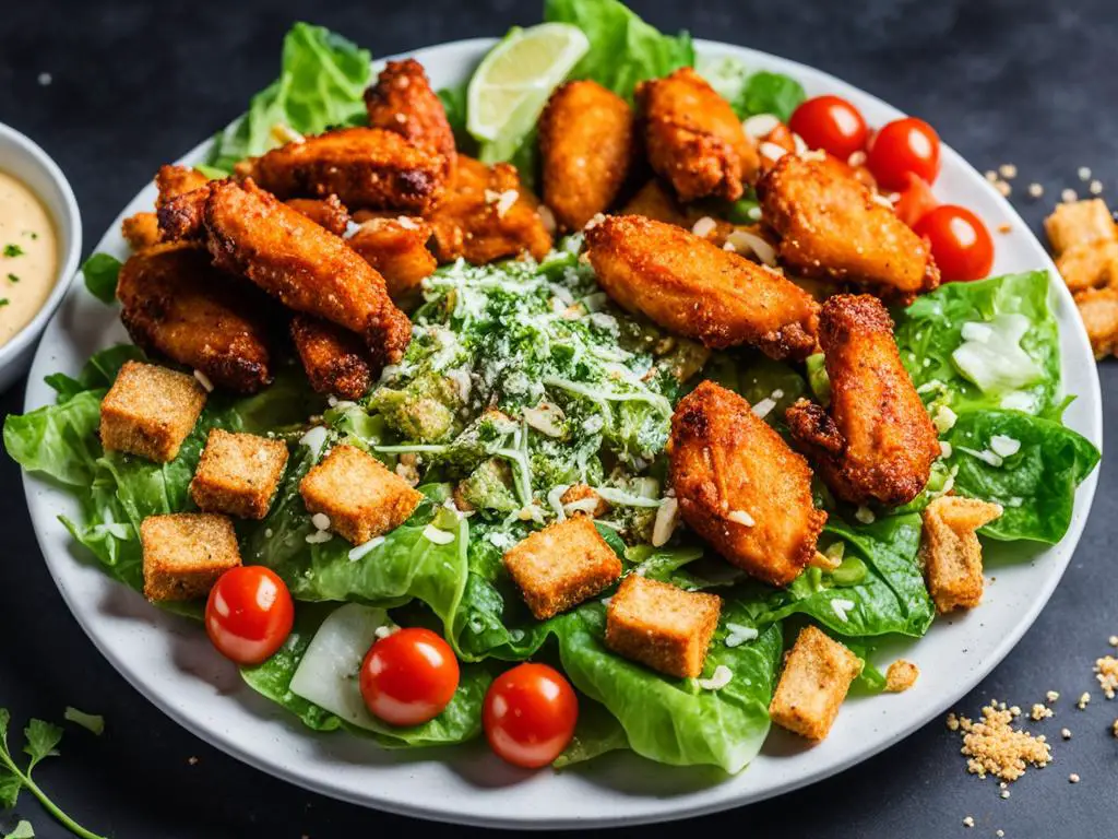 Vegan Caesar Salad with Chicken wings and Tomatoes on a Plate placed on Table