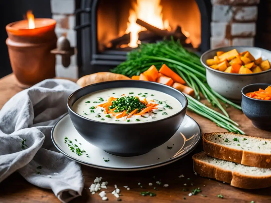 Potato Soup with Bread and Vegetables on the table
