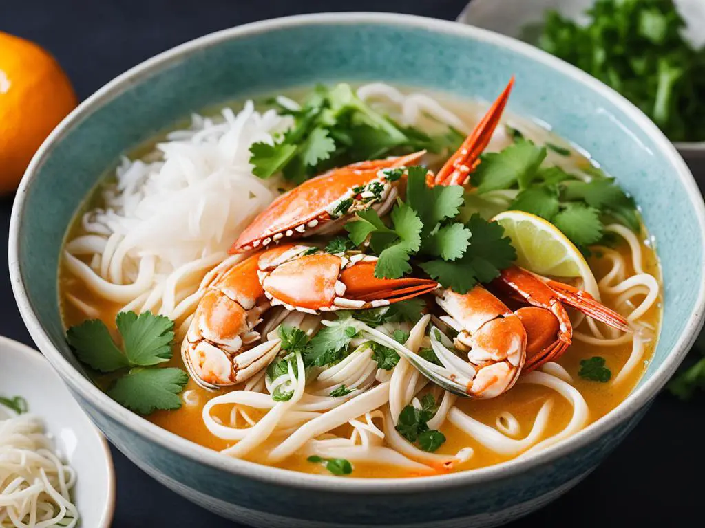 Vietnamese crab thick noodles soup with lemon slice topped with coriander on table