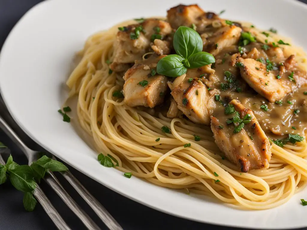 Italian chicken pasta with mint on top, elegantly presented on a plate with a fork arranged on the table.