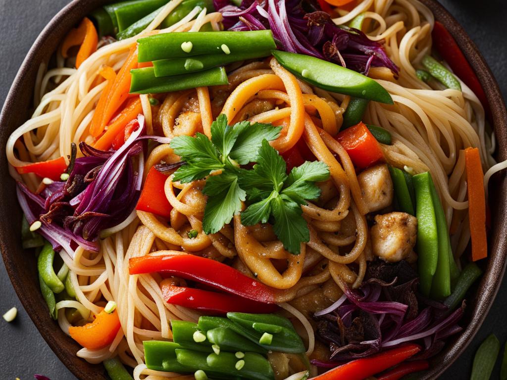 Lo mein noodles in bowl topped with corainder
