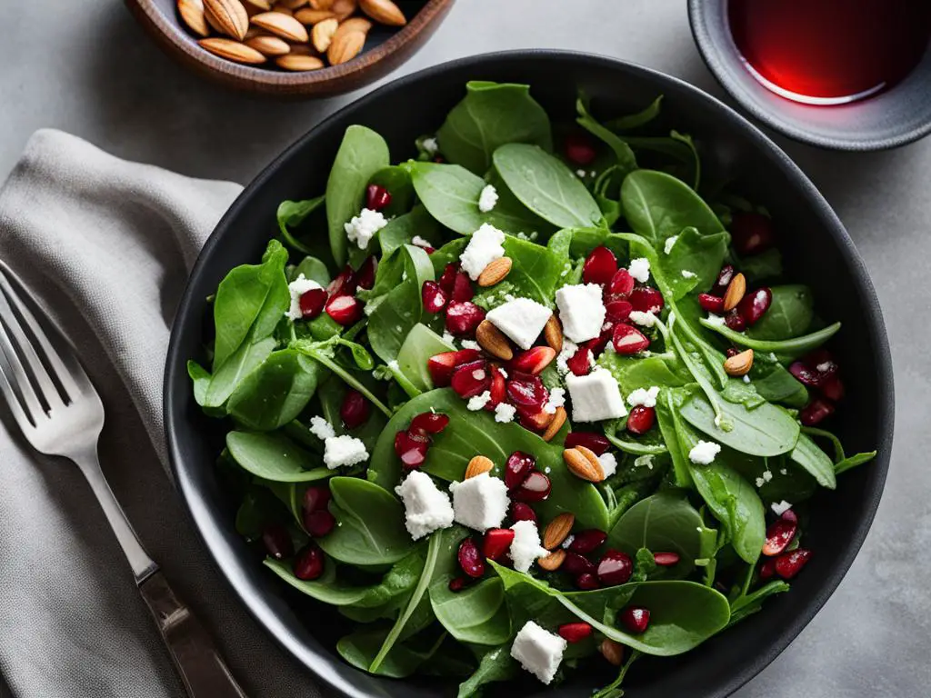 Arugula goat cheese salad in a bowl with almonds, and fork on table