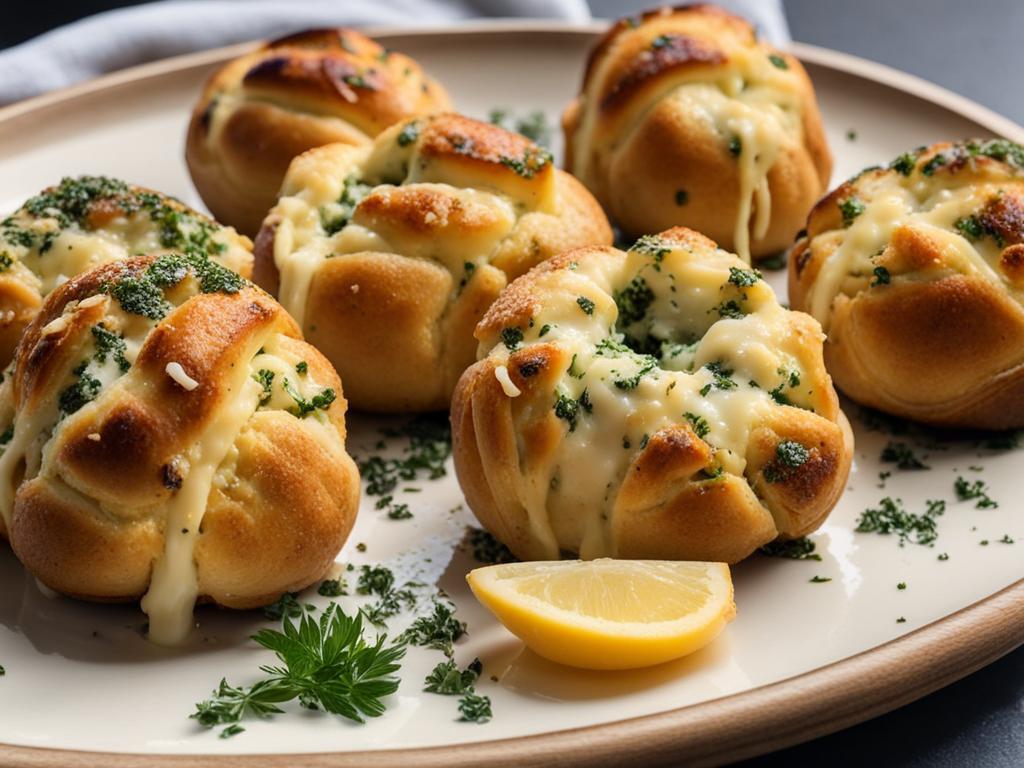 Golden-brown garlic knots topped with melted cheese and herbs on a plate