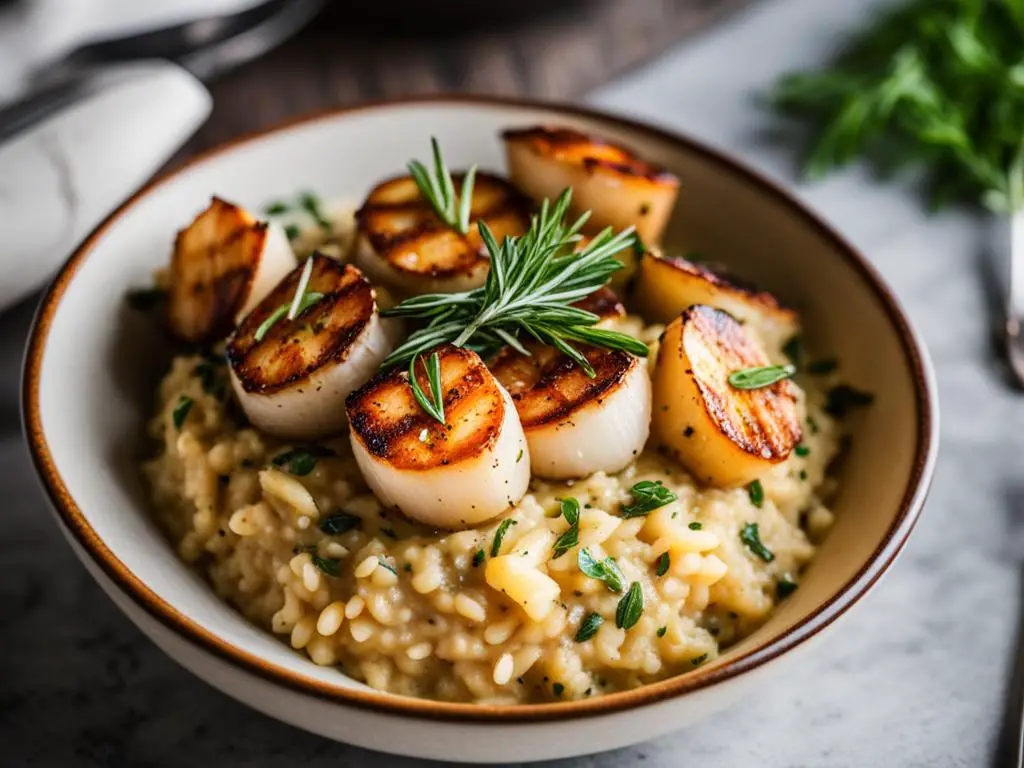 Scallops with Rice bowl on a table