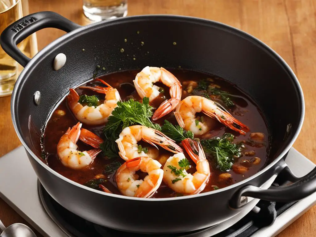 Scampi gravy in dish on a  stove 