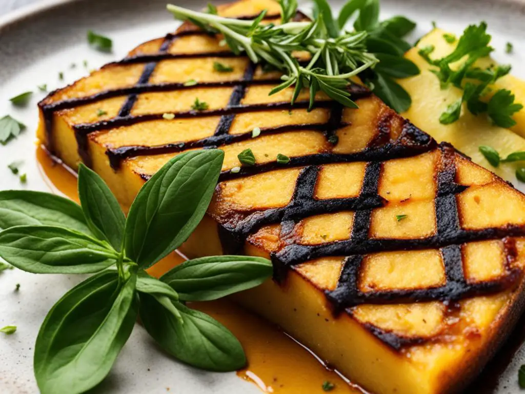 Grilled polenta in a plate with rosemary and leave