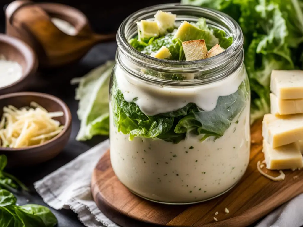 homemade caesar salad dressing in a glass bottle in the table