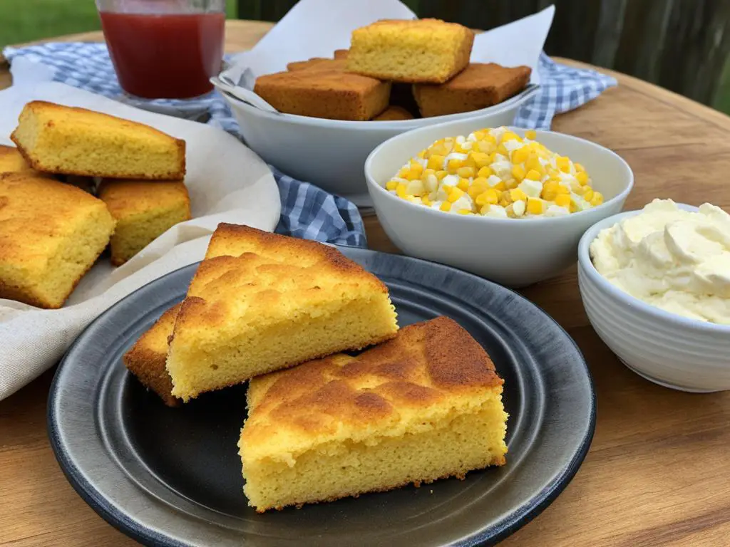 homemade cornbread and fluffy buttermilk biscuits with cream and drink on table
