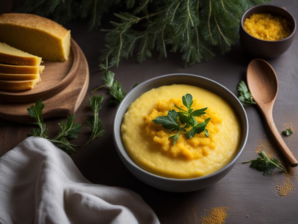 Polenta topped with leaves in bowl in front of cake and plant on a table 