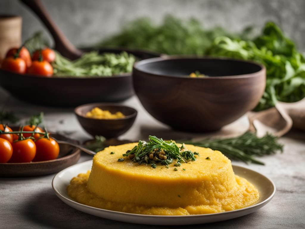 Polenta in a plate with vegetables on table