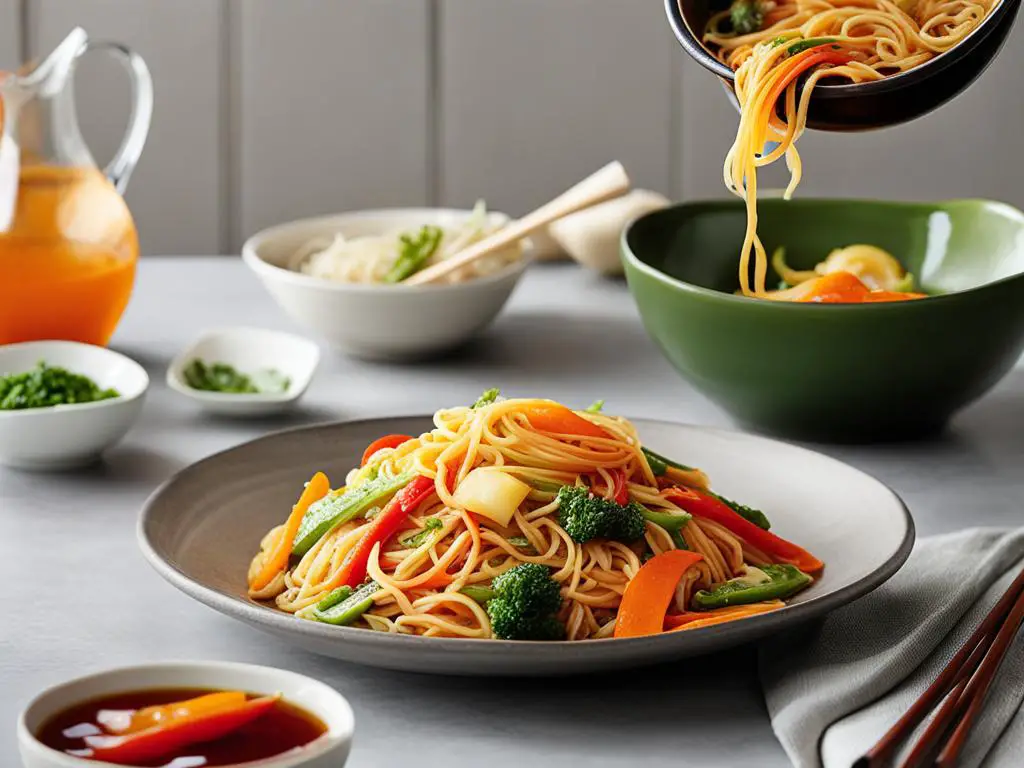Noodles cascading from one bowl to another, alongside a plate of flavorful Lo Mein noodles topped with sauces and savory juices on the table.