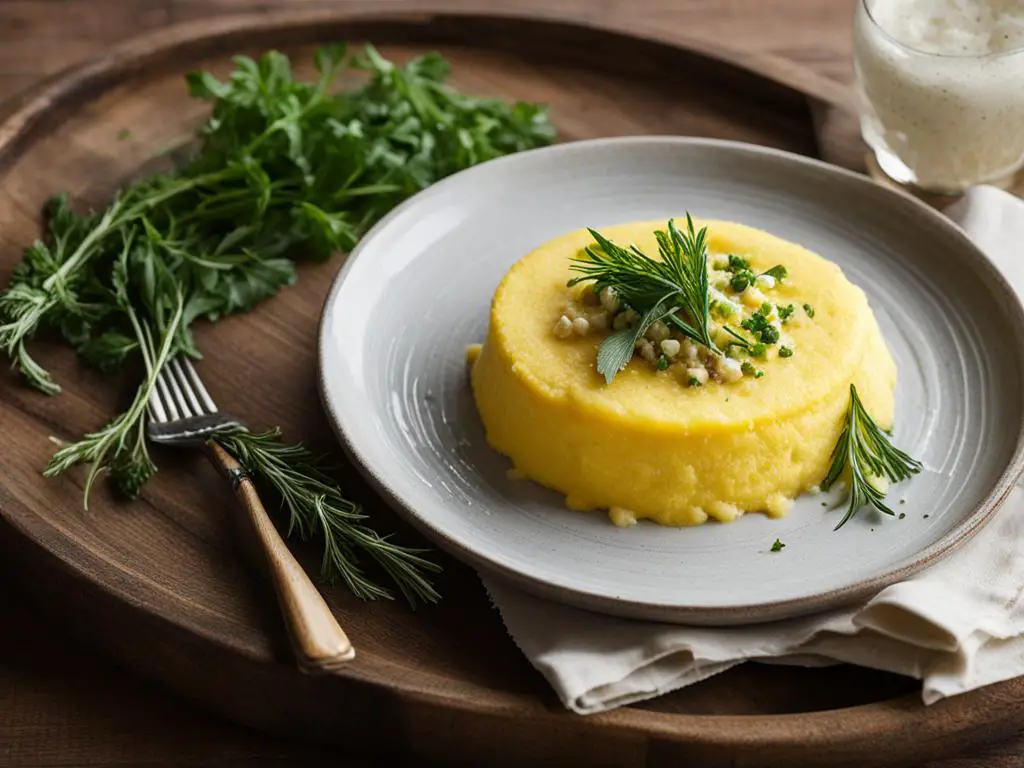 Polenta topped with rosemary in the plate on the serving board with spoon and rosemary