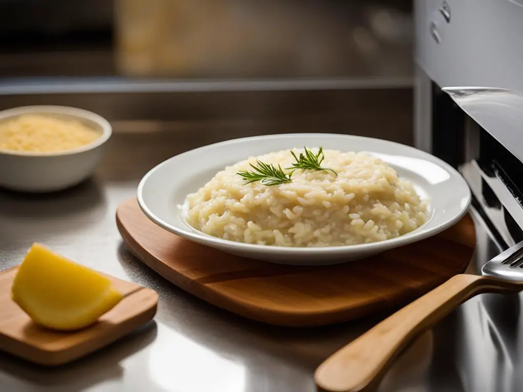 Risotto in a plate on a serving board with fork on table