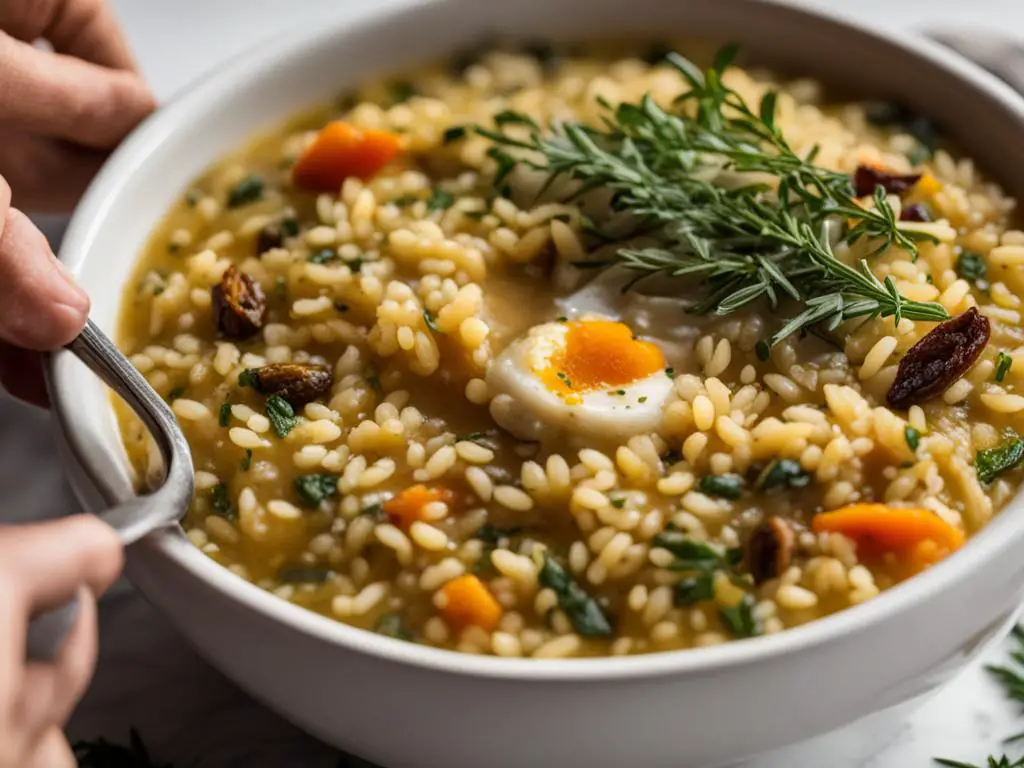 Risotto in a bowl topped with boiled egg and rosemary on a table 
