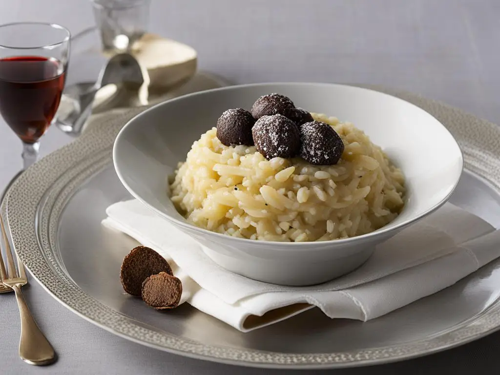 rich and creamy black truffle risotto in a bowl on a with fork and drink on table