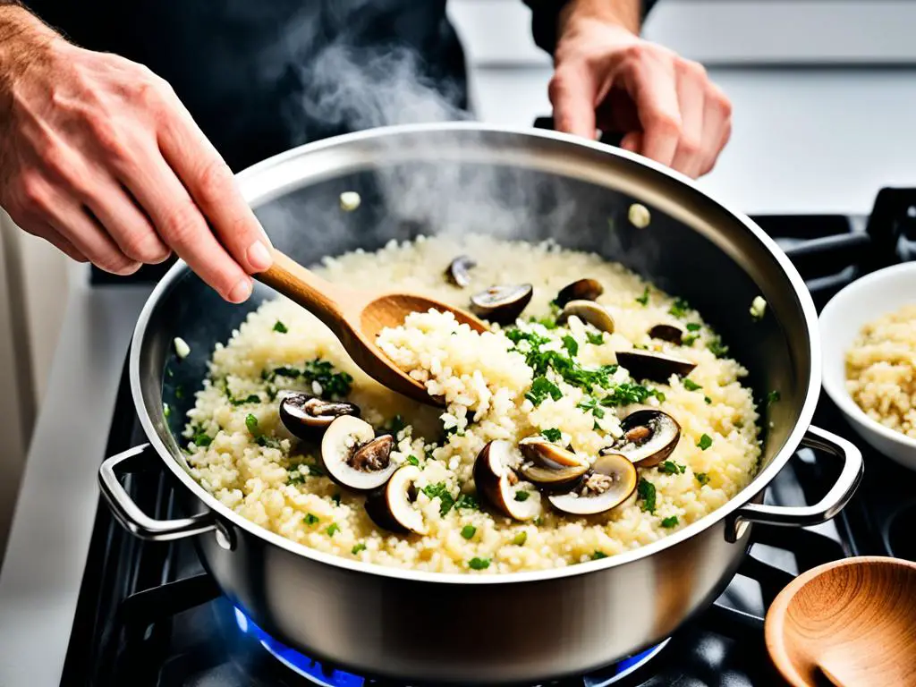 Man cooking the risotto with high flam on stove