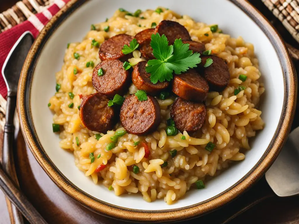 sausage risotto in a bowl topped with coriander on table
