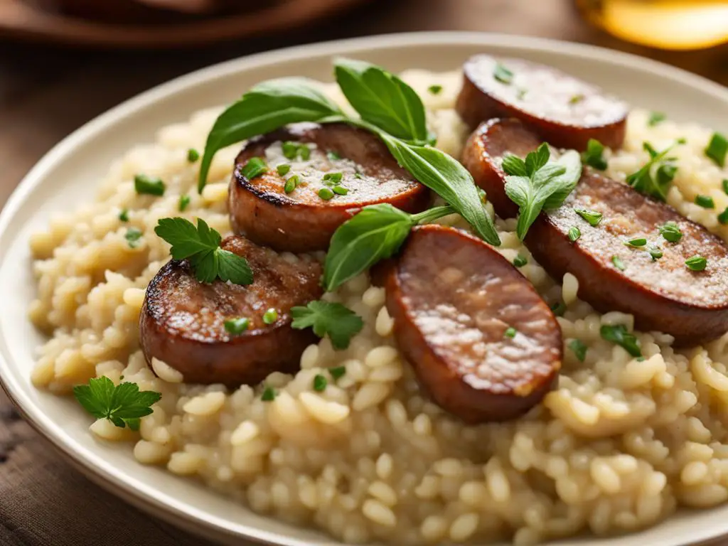 Sausage risotto in a plate on the table
