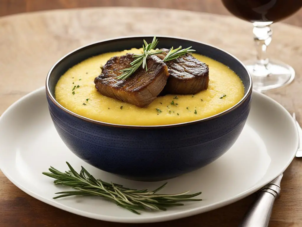 Polenta with lamb topped with rosemary on a plate.