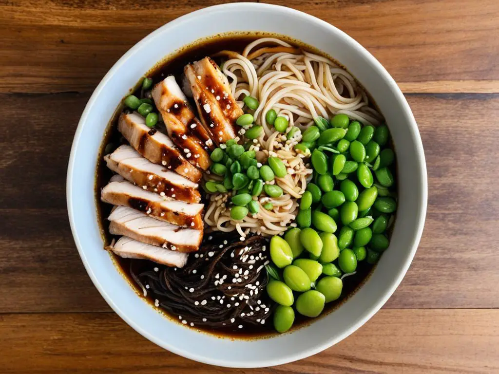 Soba noodles with pork and peas garnish with sesame seeds in a bowl on the table
