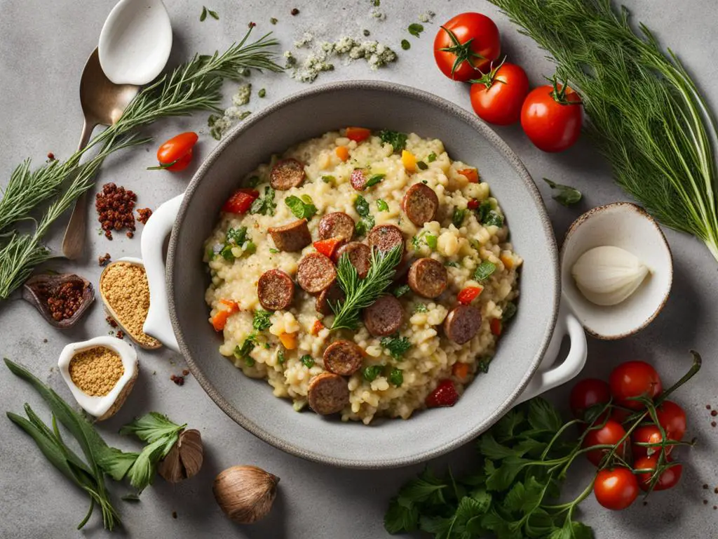 Sausage risotto with vegetables and spices on table