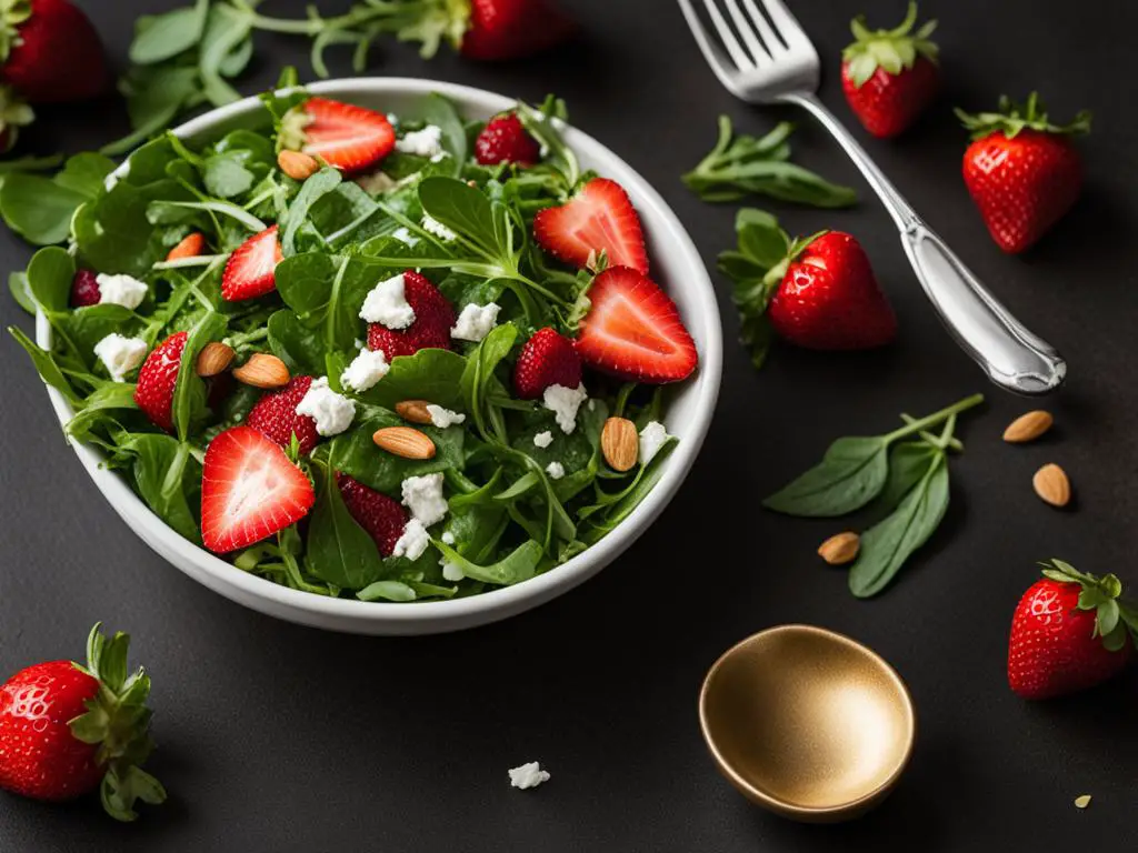 Strawberry arugula salad with fork on a table.