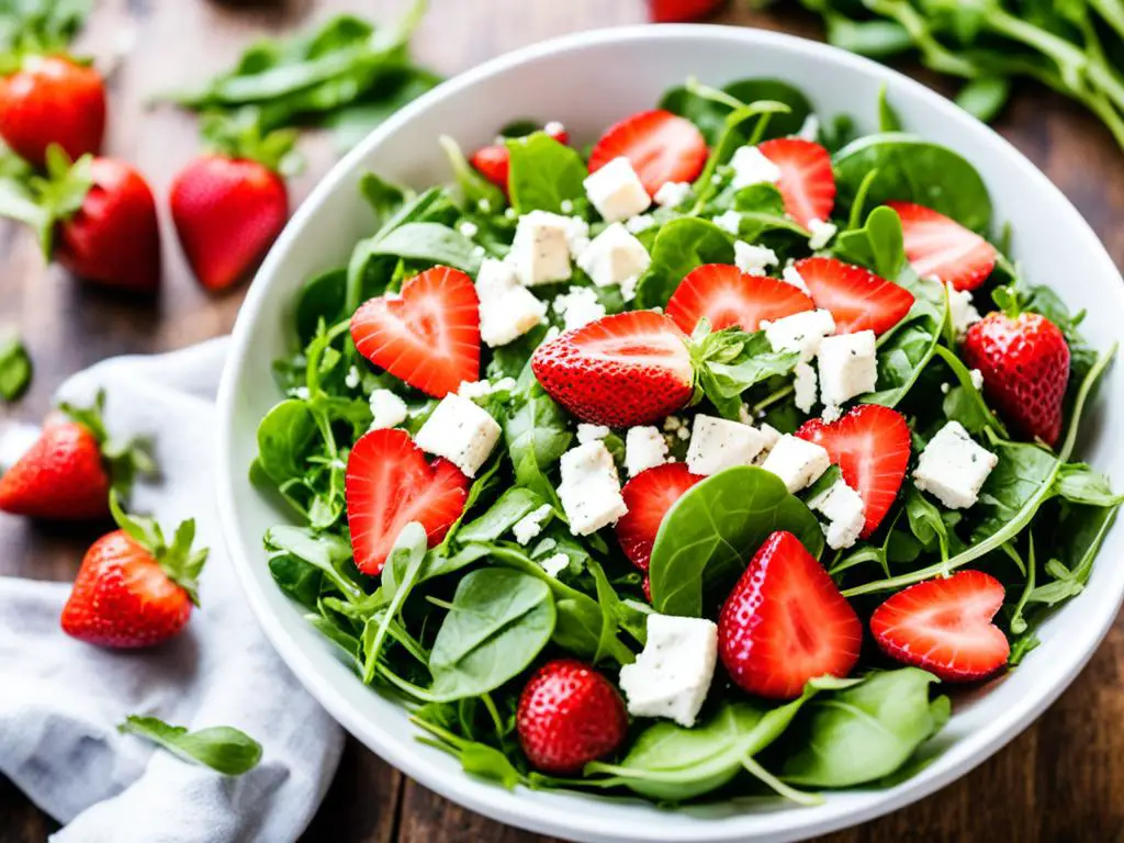 Strawberry arugula salad bowl topped with crumbled goat cheese on a table, surrounded by strawberries.