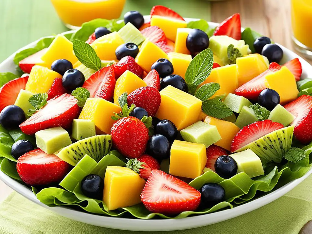 Sweet and Tangy Fruit Salad Delight arranged on a plate placed on the table