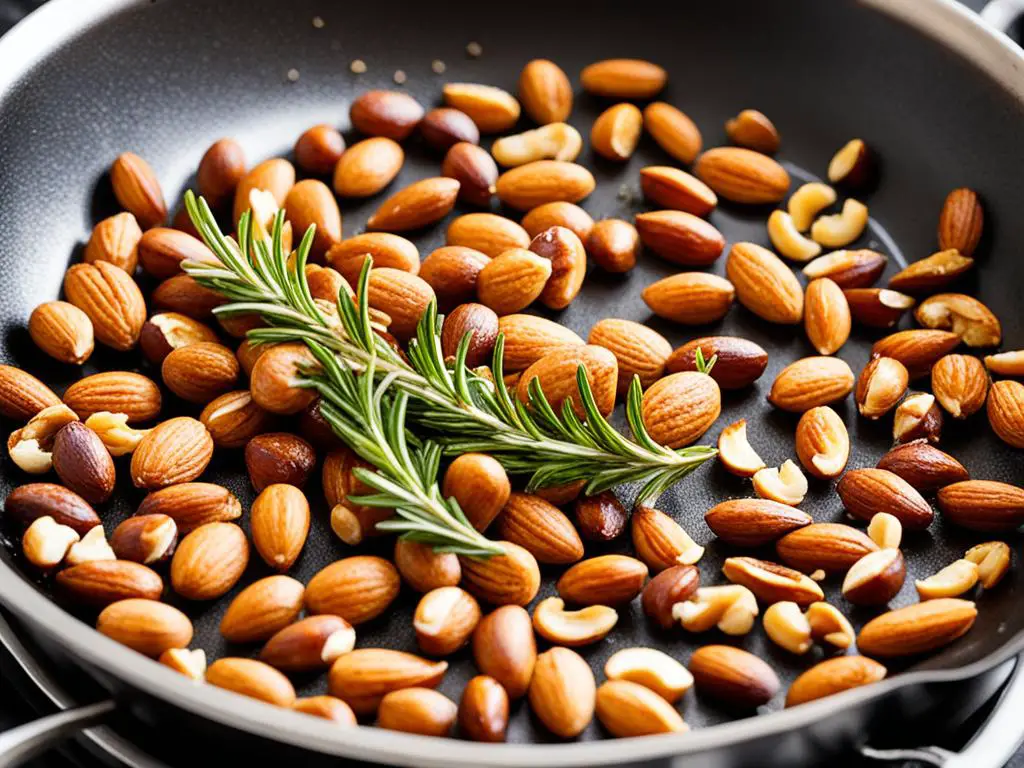Almonds and cashew nuts with rosemary frying in a pan.