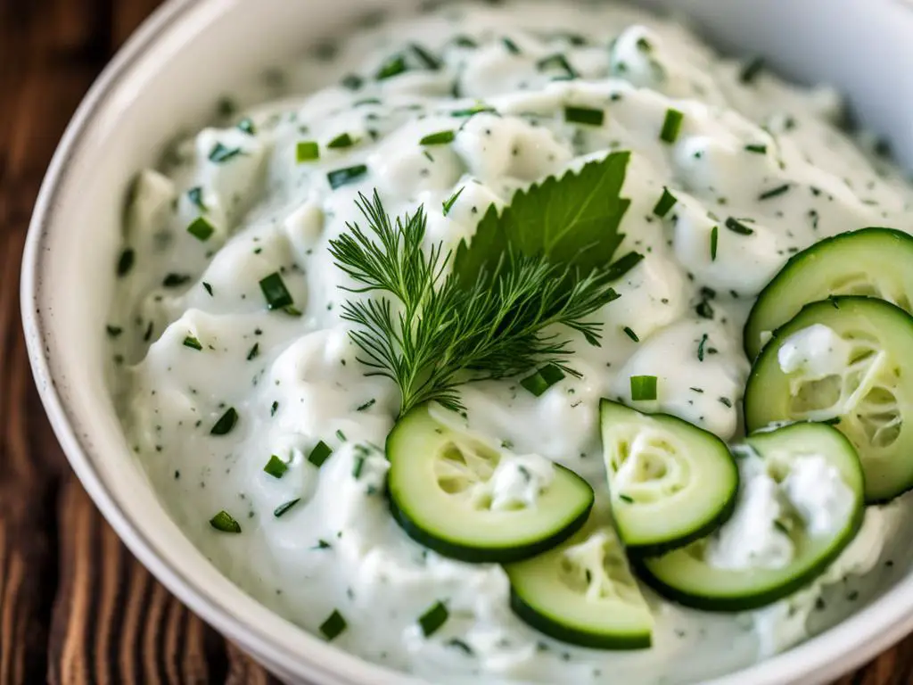 Tzatziki bowl topped with rosemarry and cucumber on a table 