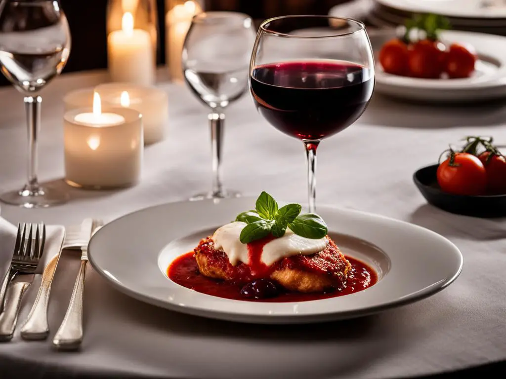 Wine in a glass with Chicken Parmesan in a plate on table with cutlery