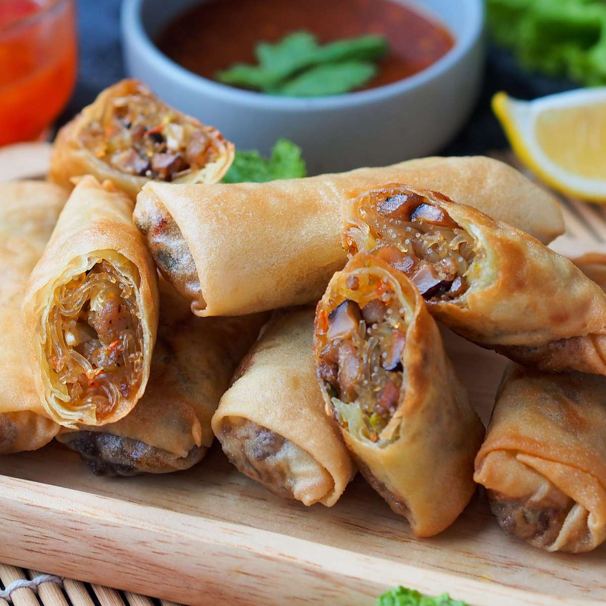 Beef egg rolls in tray on a table 