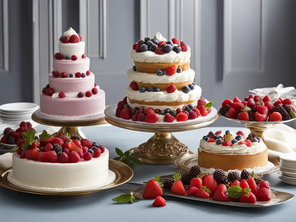 Variety of desserts and fruits made with Chantilly cream on the table