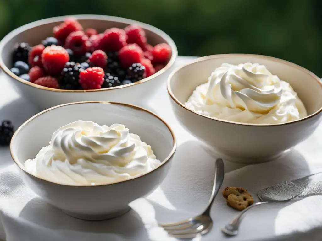 Two bowls of Chantilly cream and one bowl   of black and ruspberrires on the table with fork and spoon