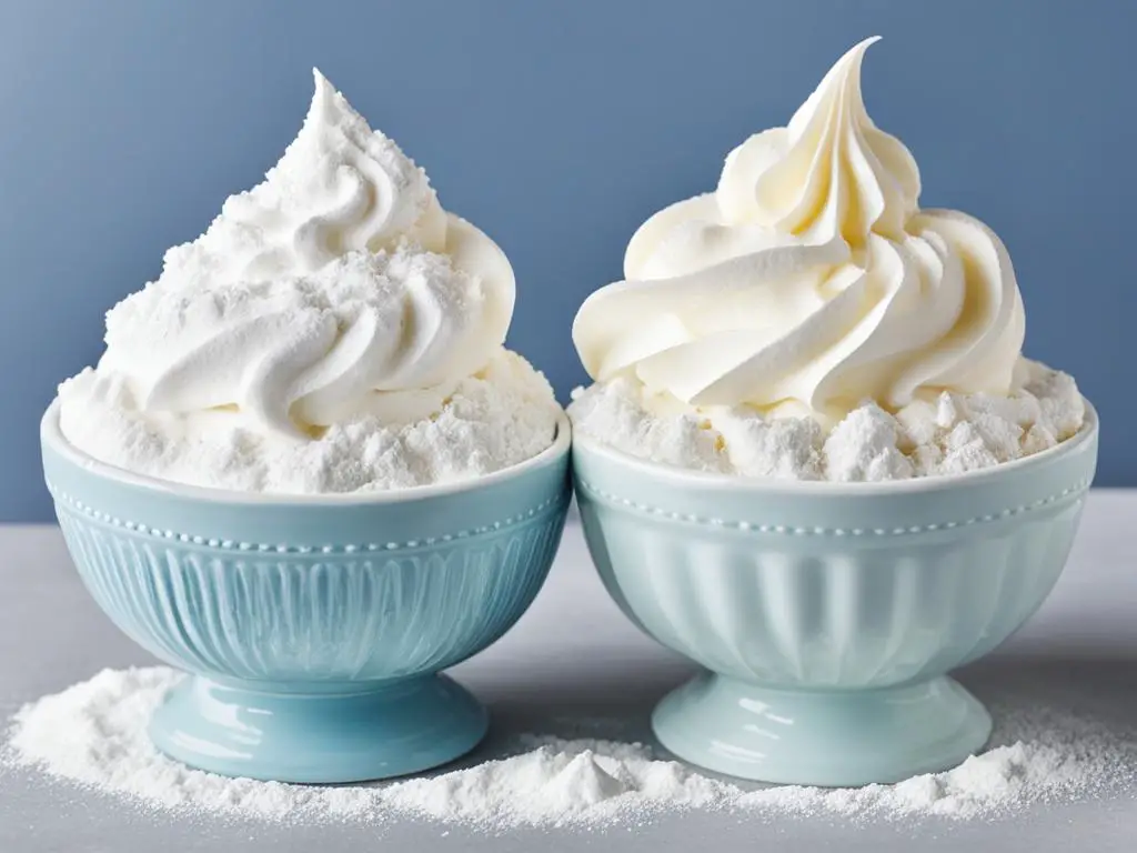 Two bowls of whipped cream with icing sugar on the table