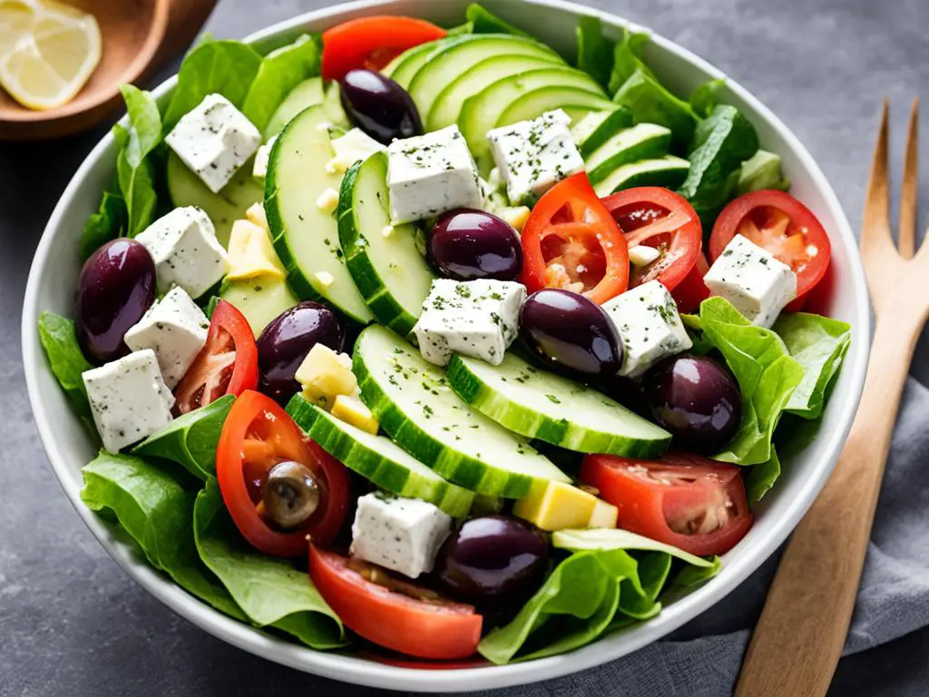Greek salad bowl with fork on a table