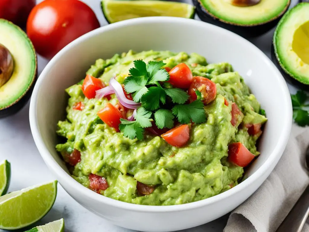 Guacamole topped with corinder,onion and tommato in bowl
