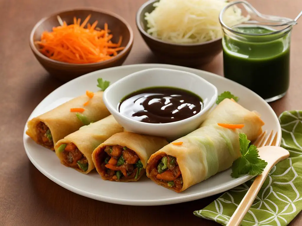 Beef egg rolls with sauce, coriander and spoon in front of sauce and vegetables bowls on a table 