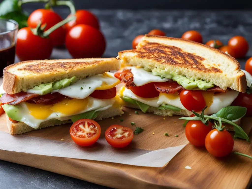 Mozzarella, eggs and tomato in sandwich with tomatos on the table 