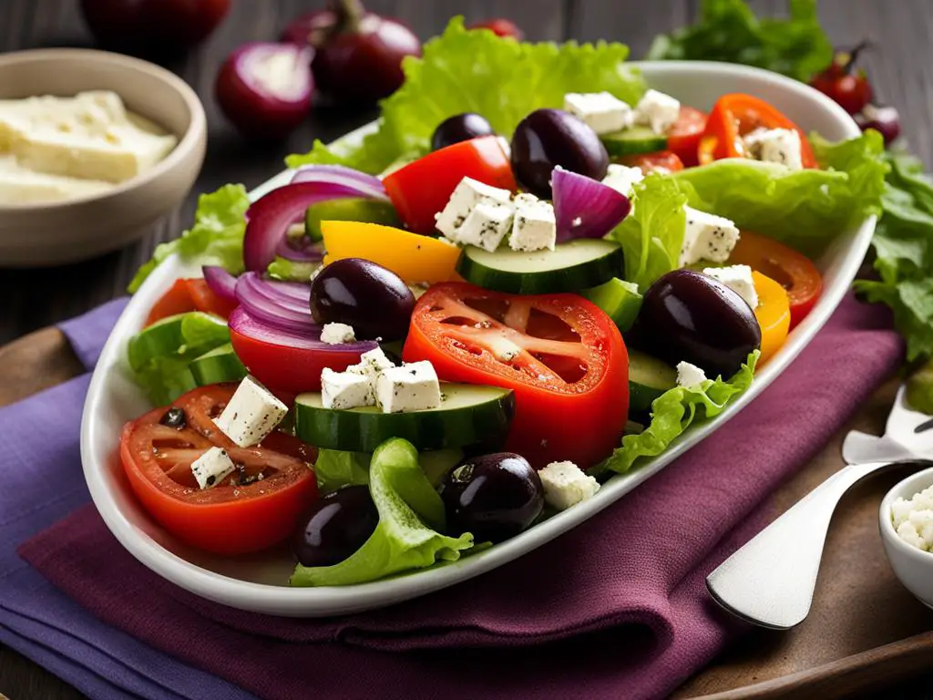 Greek salad tray with spoon on the table 