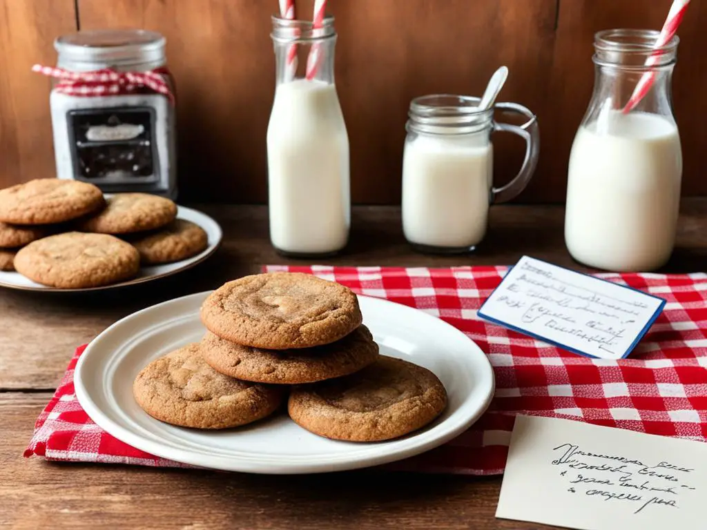 Snickerdoodle cookies on a plate in front of milk bottles on the table